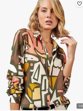 Big Dart multicolored abstract funky print button down blouse medium